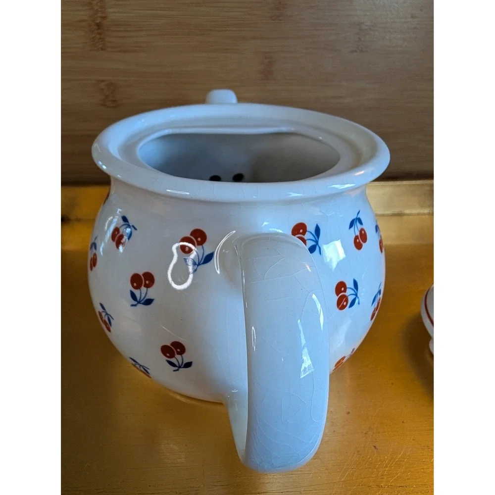 Sadler England Teapot Cherries Pattern Vintage White Ceramic Tea Pot Made in UK